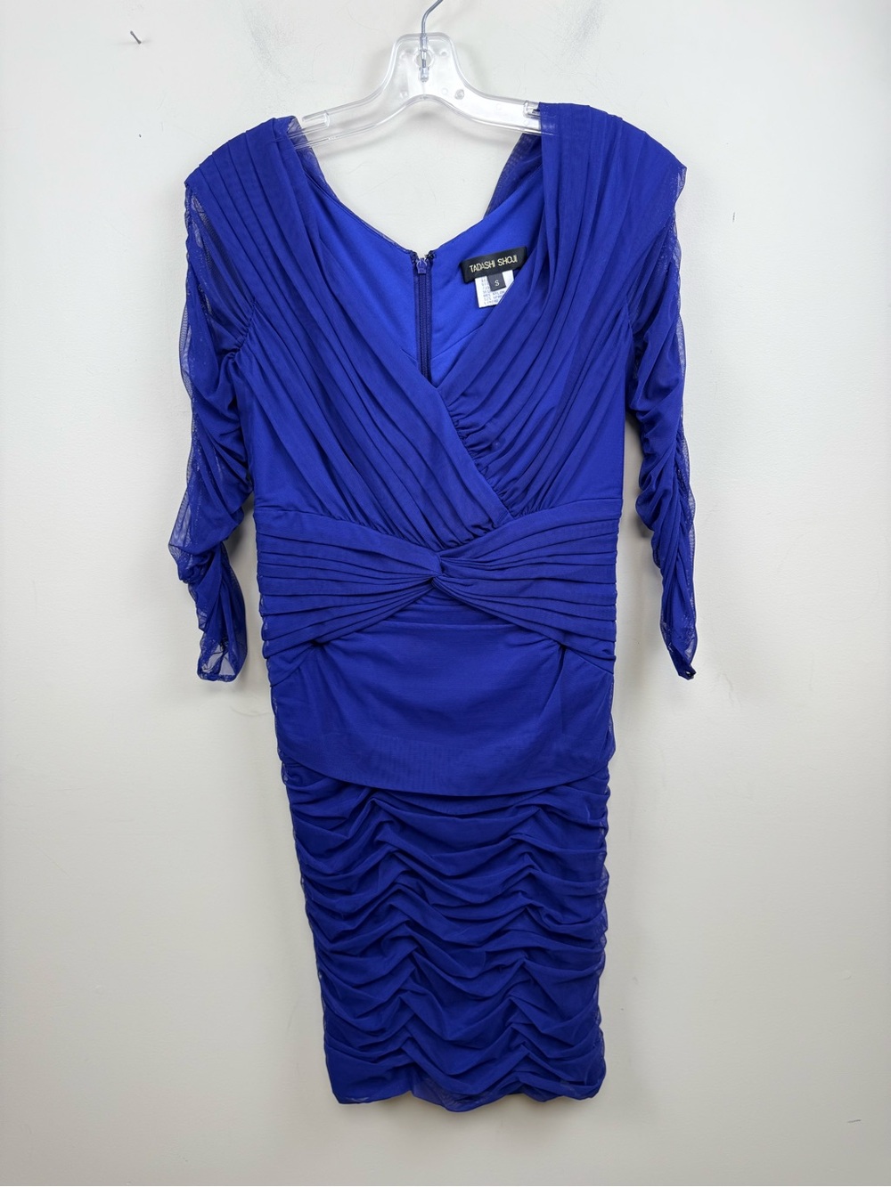 TADASHI SHOJI blue mesh 3/4 sleeve above knee dress